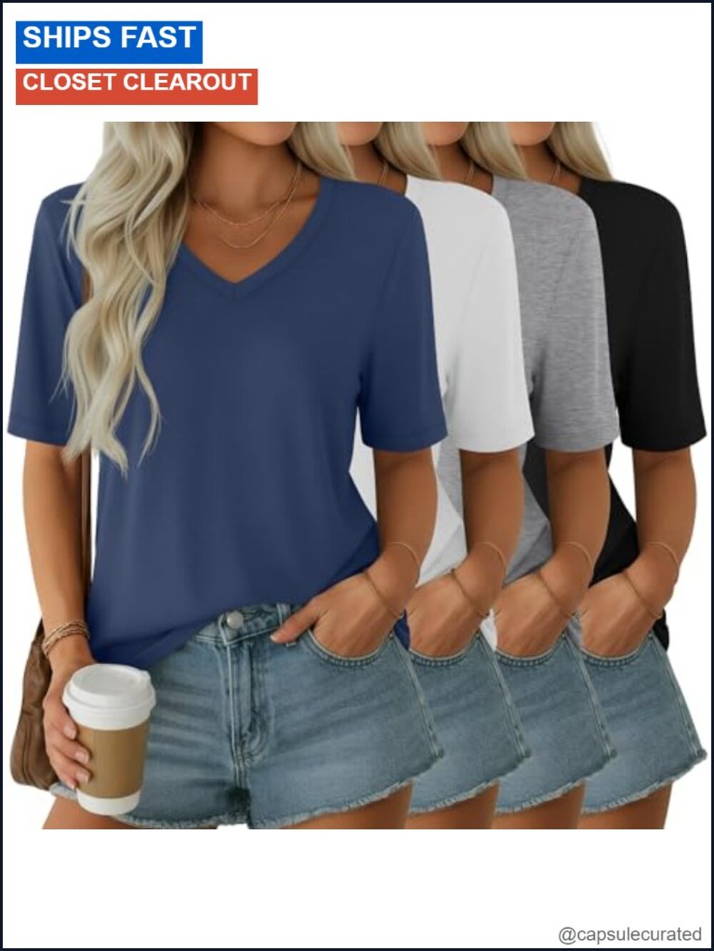 Women's Half Sleeve V Neck Cotton Blend Tees 4 Pack Lightweight